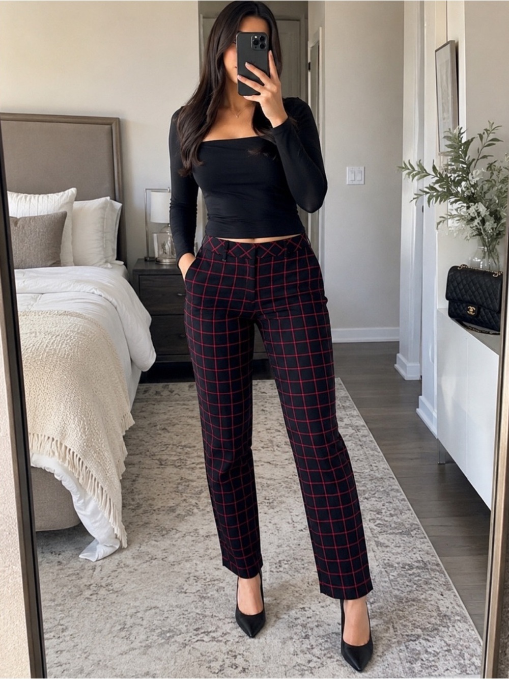 White House Black Market Black & Red Plaid Slim Ankle Trouser Pants, Women's 12